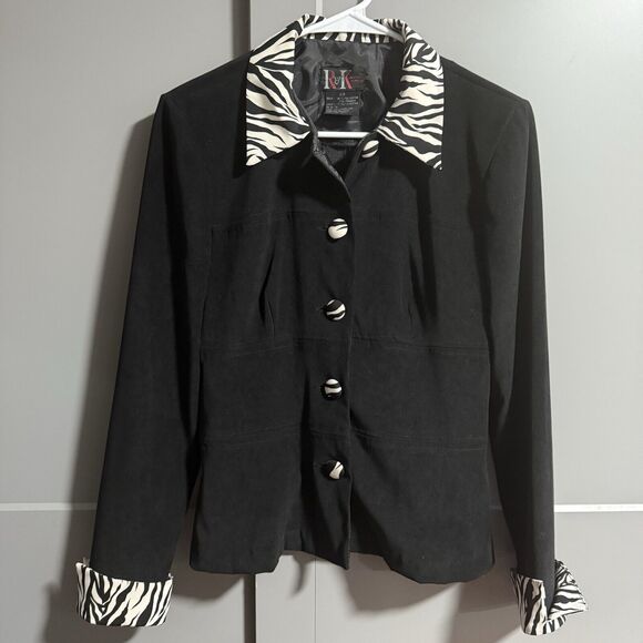 R&K Petite Women Zebra Accent Button Up Collar Jacket Black 2P Small Y2K Animal - Picture 1 of 6